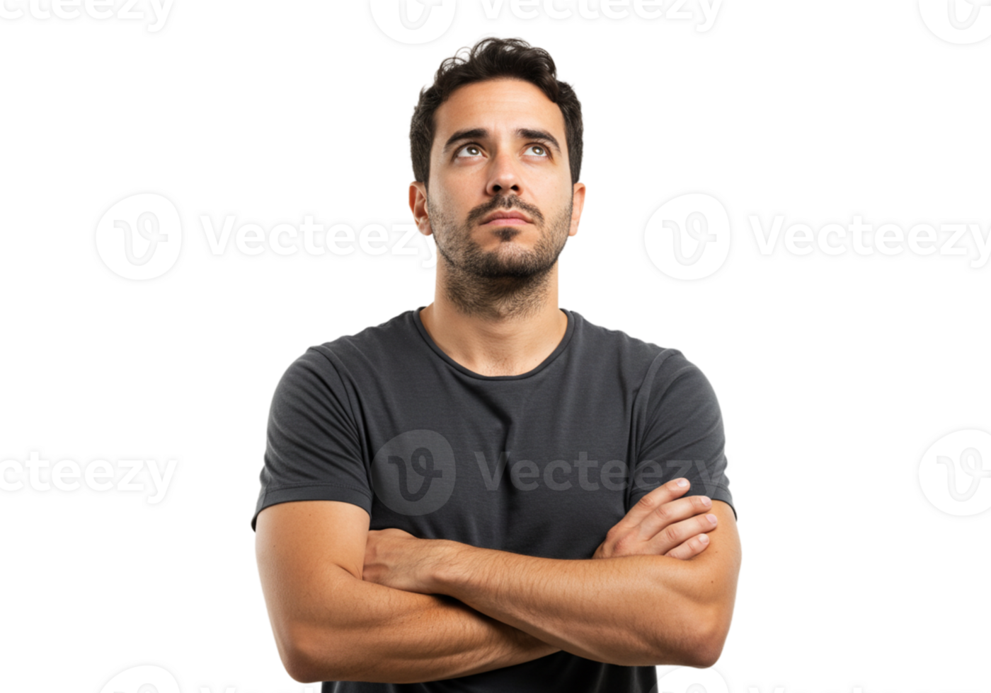 Thoughtful Man Looking Upwards Arms Crossed Dark Background Studio Portrait Male Face Hope Gaze png