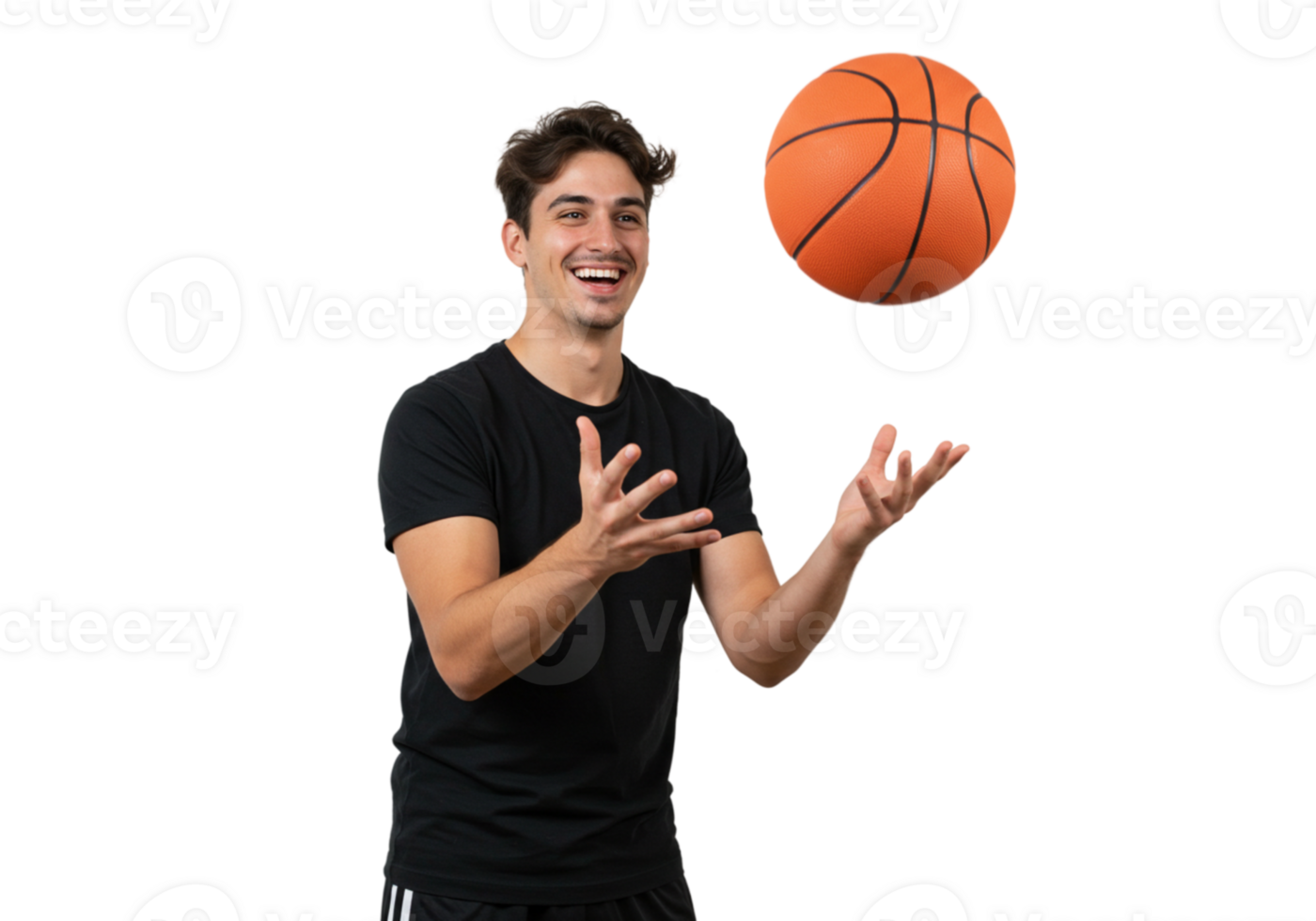 Happy Young Man Juggling Basketball Black Background Sport fun game skill active player energy png