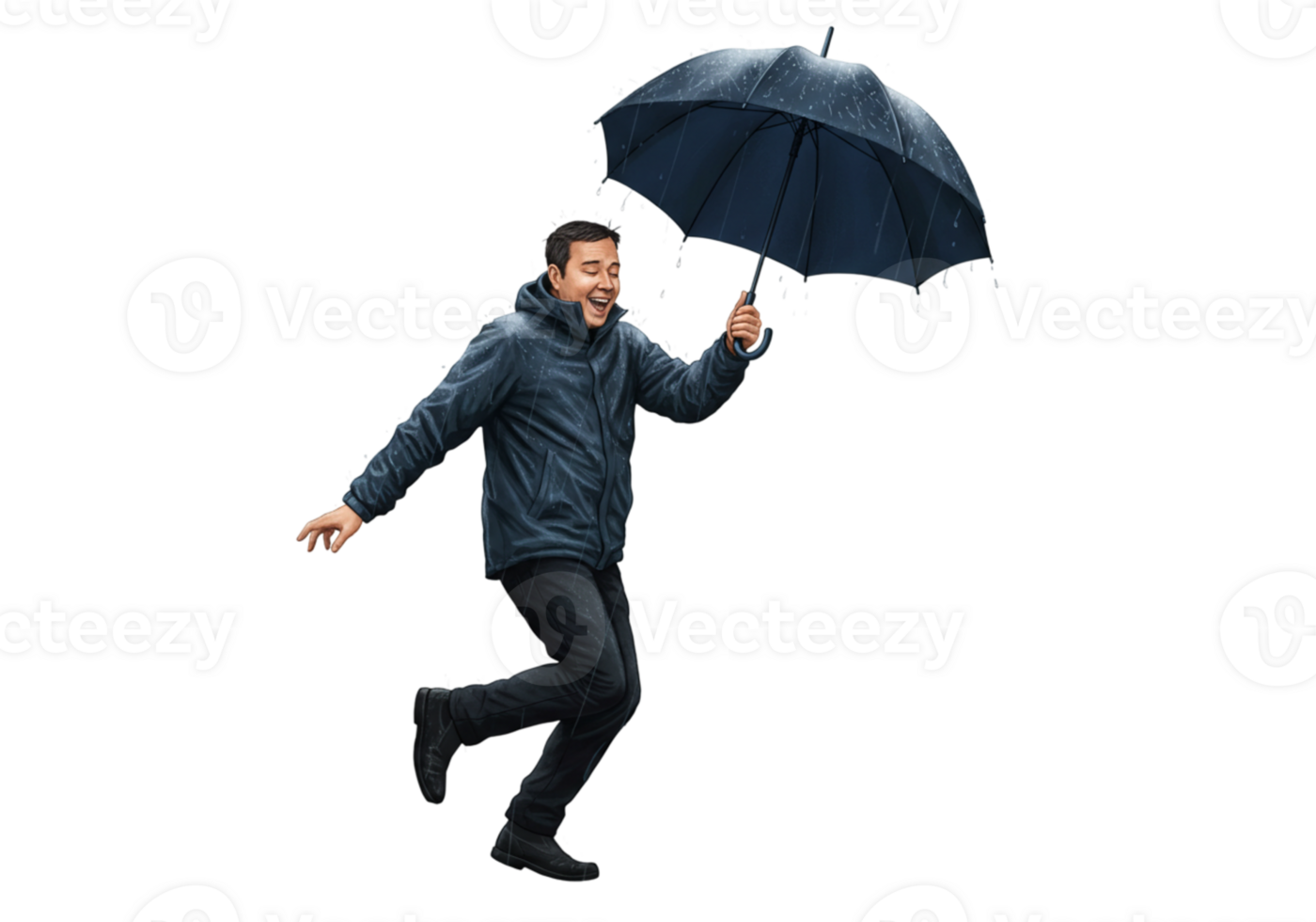 Happy Man Dancing in Rain with Umbrella Joyful Rainy Day Scene wet art fun dark blue jump style png