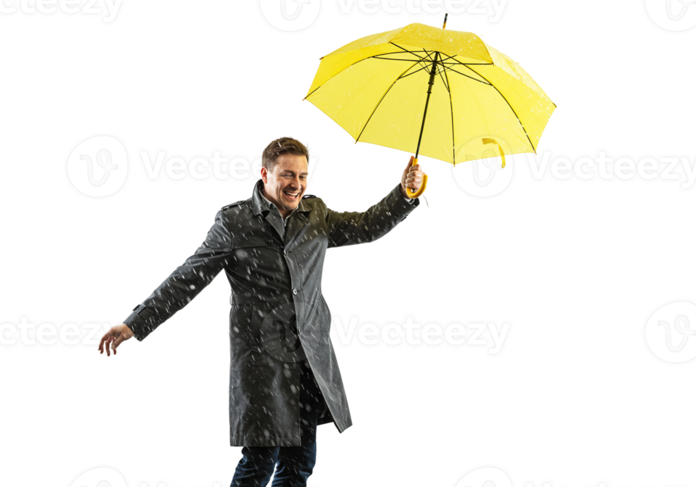 Happy Man in Grey Coat Yellow Umbrella Rain Snow fun male cold style black adult winter joyful png