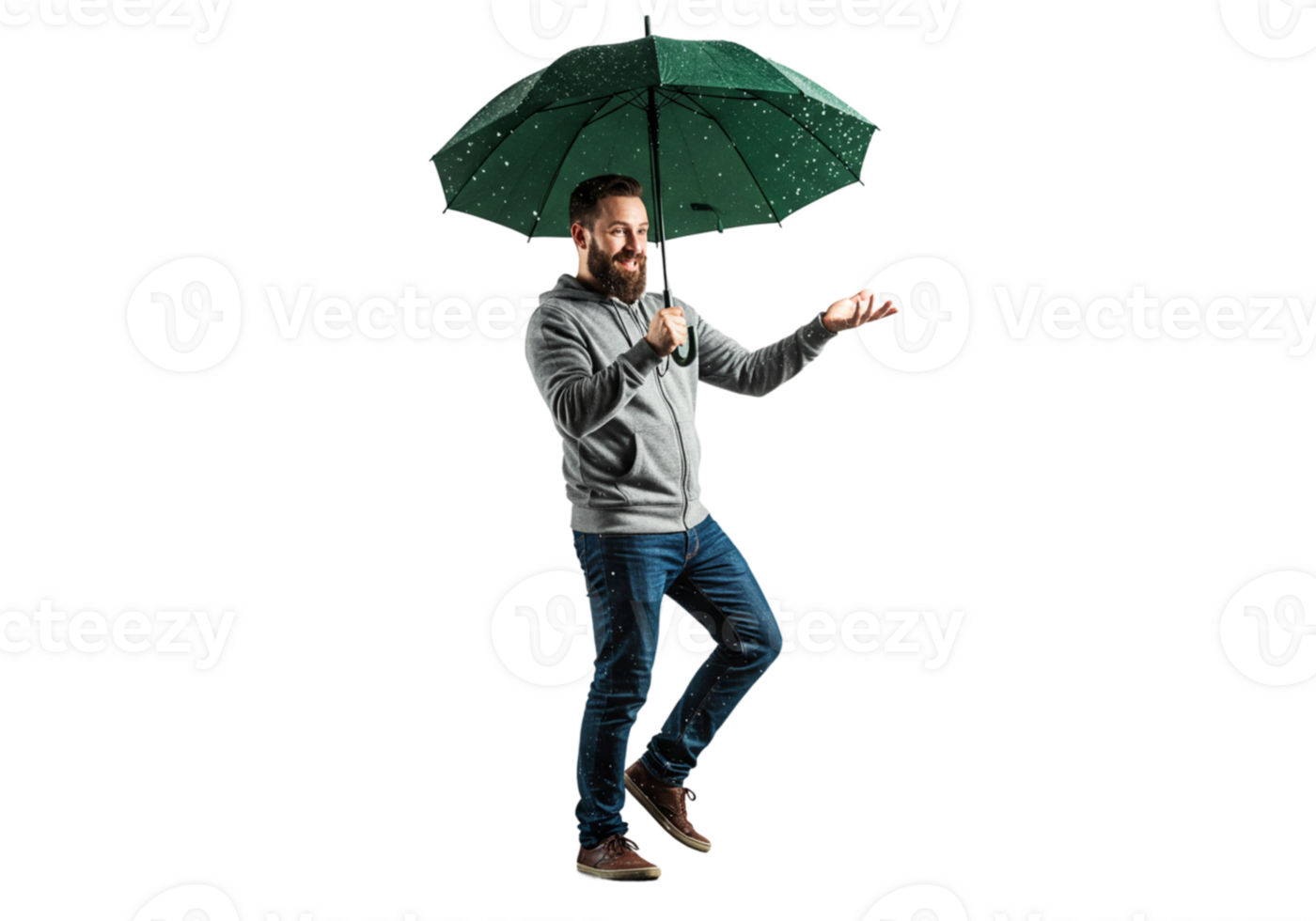 Happy Man with Green Umbrella Dancing in Rain Joyful Mood wet male black adult water studio motion png