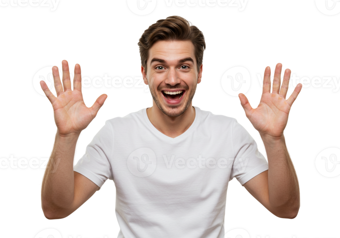 Excited Man in White TShirt Shows Hands Happy Surprise Joy Male Black Model Young Adult Studio png