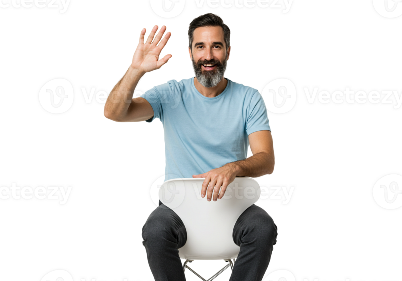 Smiling Man Waving Sitting Modern Chair Studio Background blue grey male happy shirt pants white png