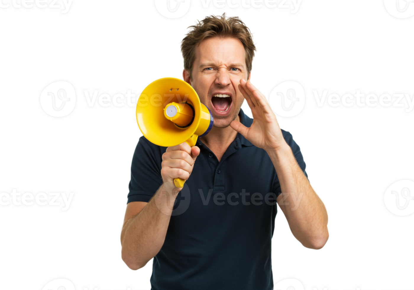 Angry Man Shouting into Yellow Megaphone Announcement loud news male voice anger adult public speech png