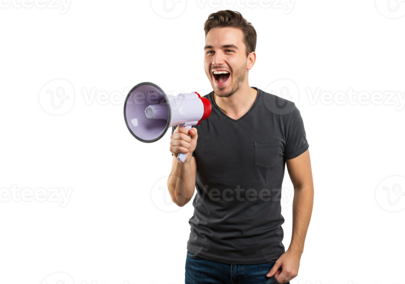 Happy Man Shouting Announcement Using Megaphone Black Background News Male Voice Studio Person png
