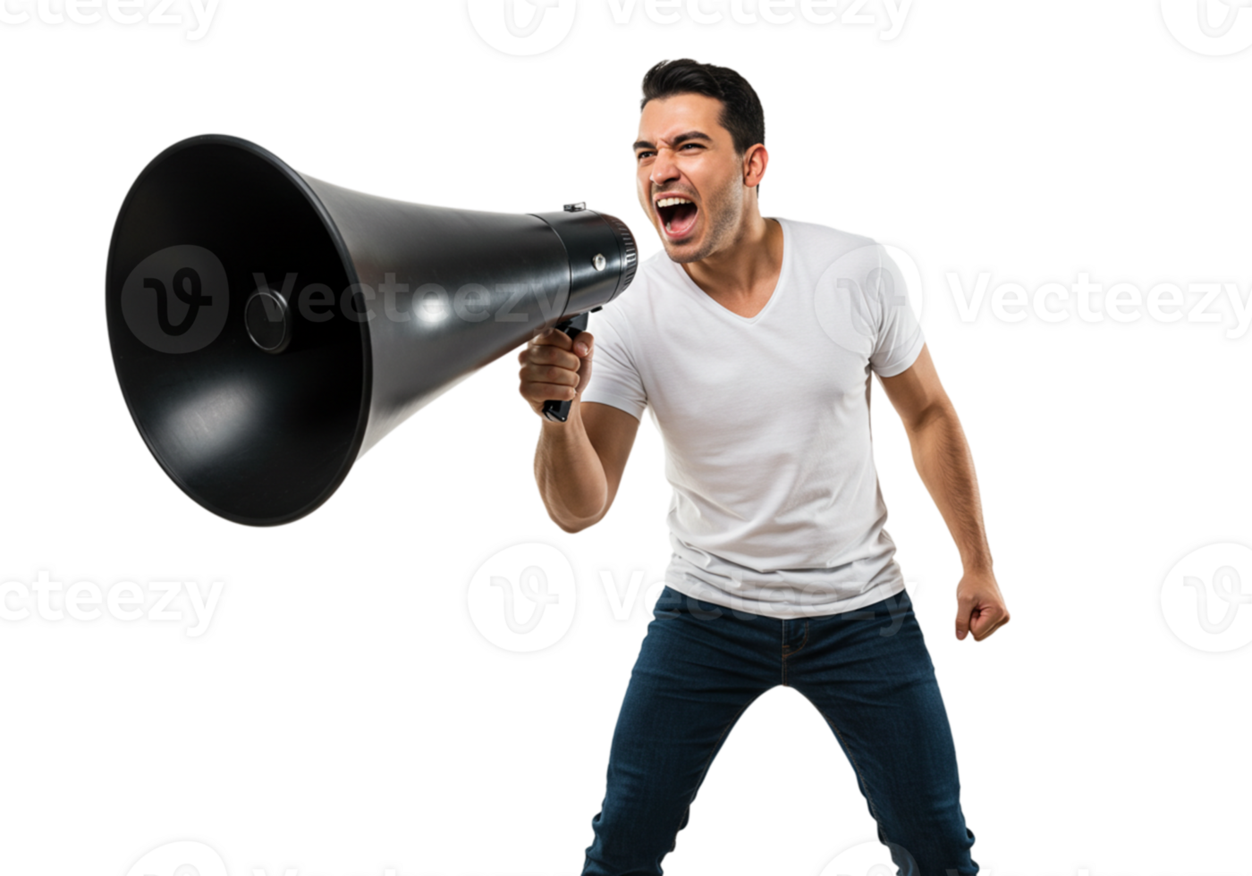 Angry Man Shouting into Megaphone Announcement Protest loud power voice black public speaker yelling png