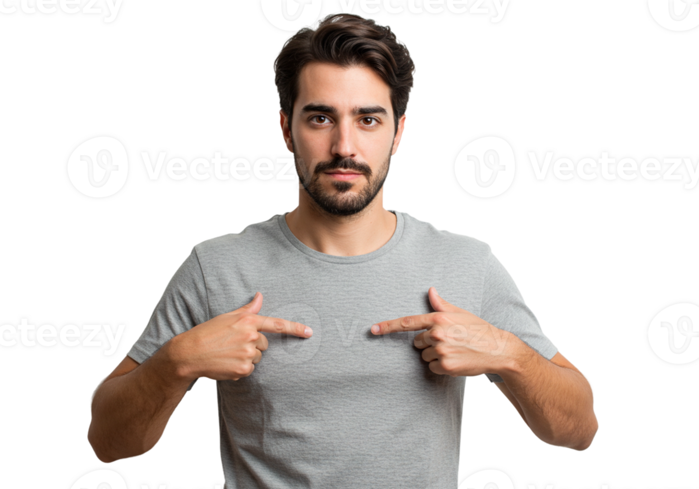 Man in Grey TShirt Points at Chest Confident Pose Studio Shot male model young adult black clean png
