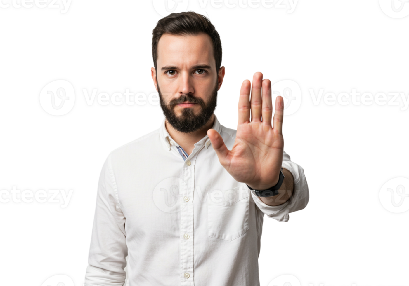 Serious Man Shows Stop Hand Gesture White Shirt Background Male Halt Adult Cease Studio Person png