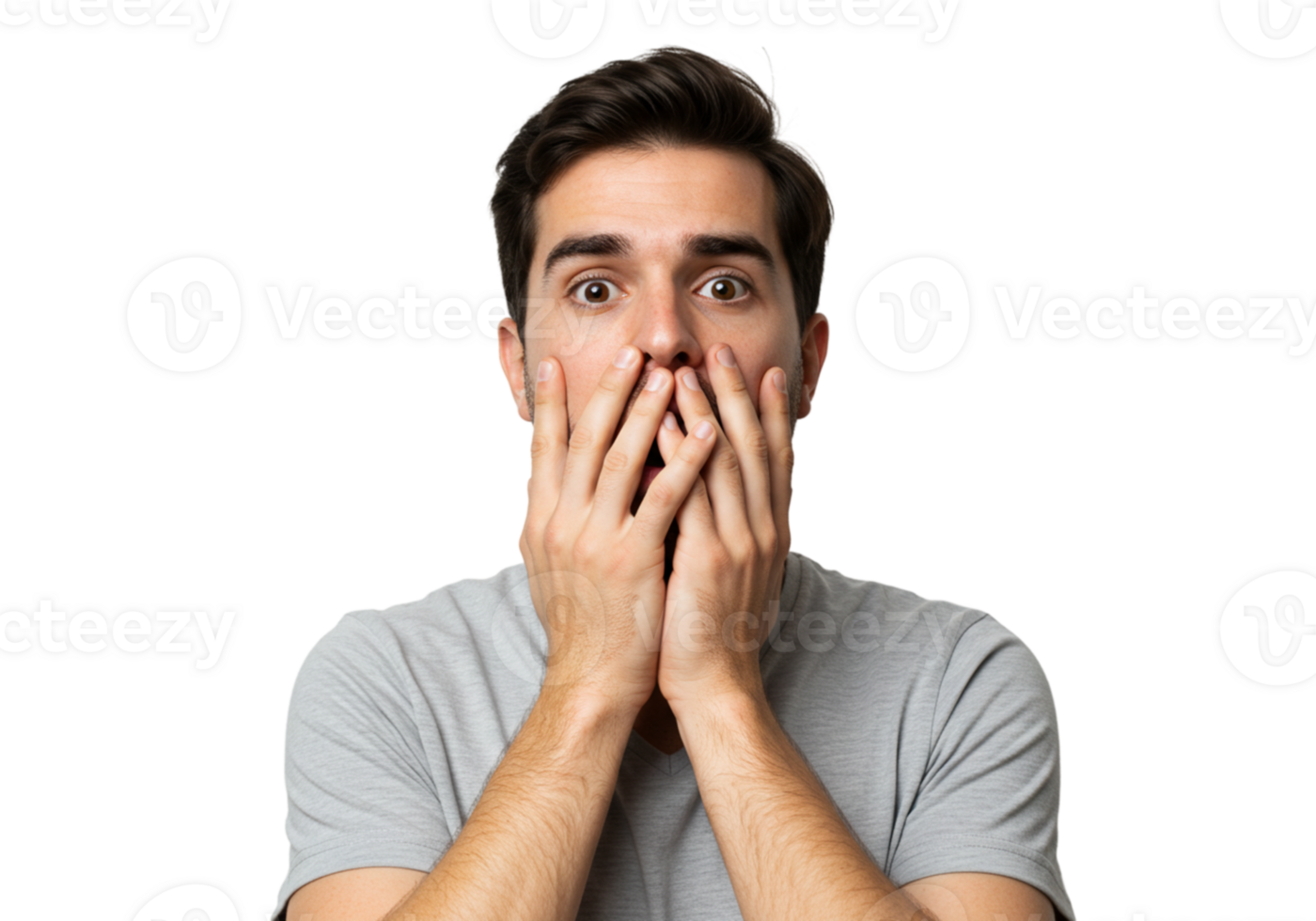 Shocked Man Covering Mouth Hands Surprise Reaction Studio fear grey male face eyes worry adult png