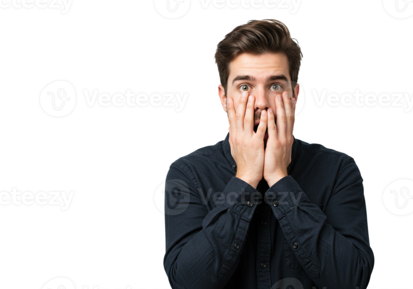 Shocked Man Covering Face Hands Studio Portrait Black Background fear male human model adult panic png