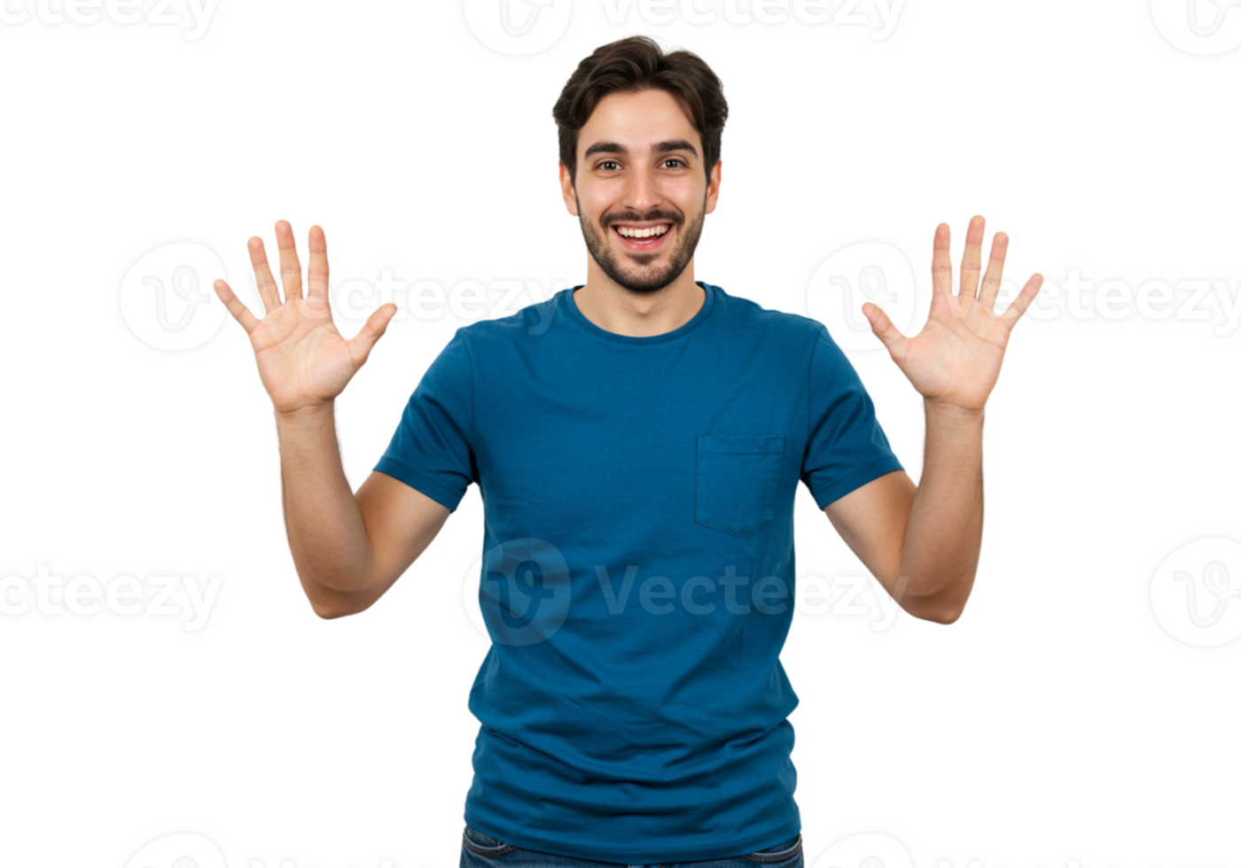 Happy Man Showing Open Hands Teal Shirt Studio Background Guy Male Model Young Adult Person Joyful png