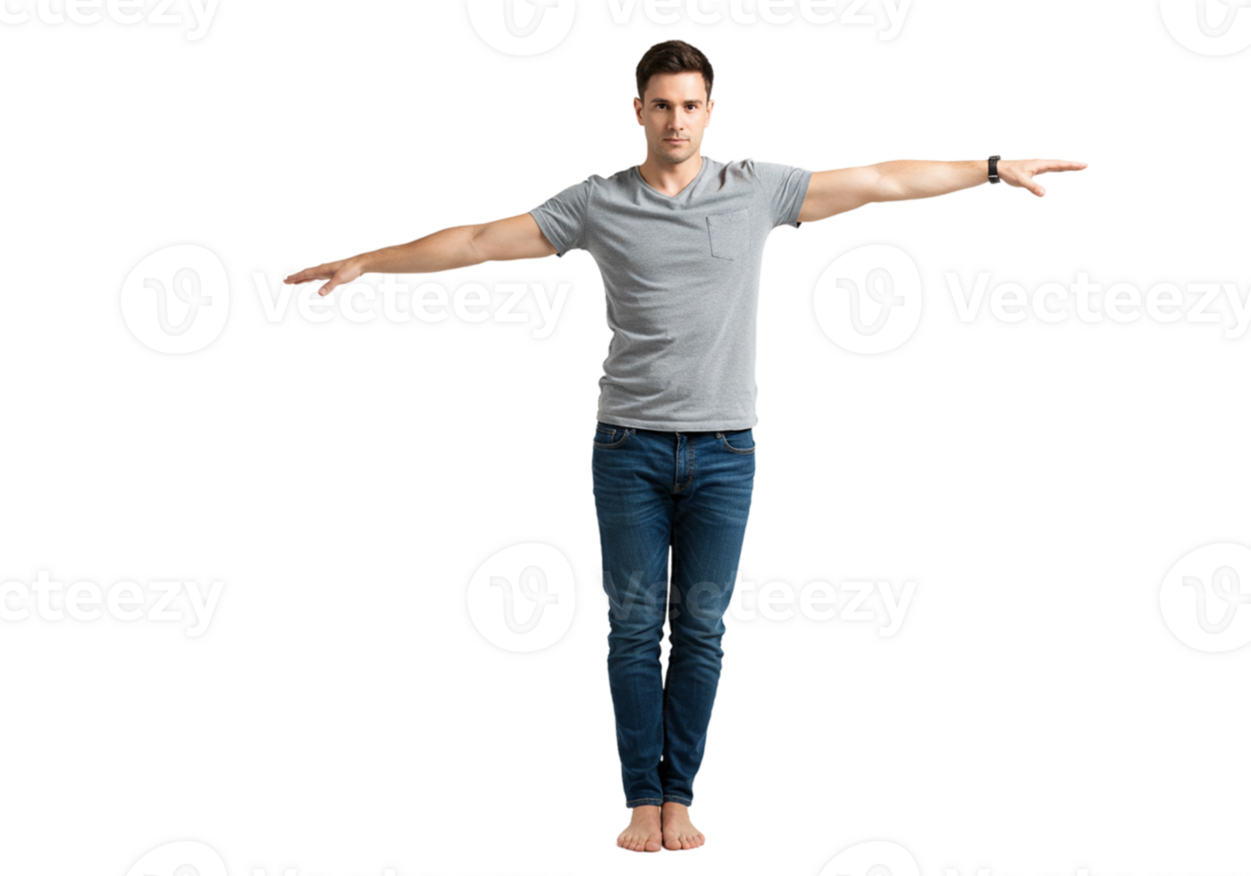 Young Man Standing Arms Outstretched Casual Pose Studio Shot grey blue male full body jeans model png