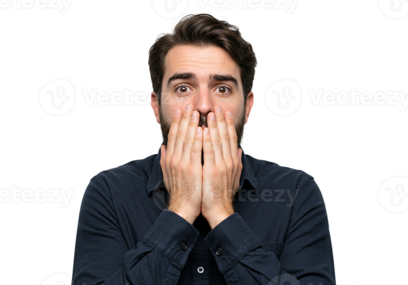 Shocked Man Covering Mouth Hands Studio Portrait Dark Background face fear male worry human adult png
