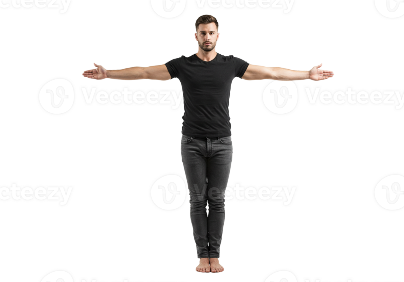 Young Man Standing Arms Out Black TShirt Jeans Studio Guy Male Pose Body Full Model Image Photo png