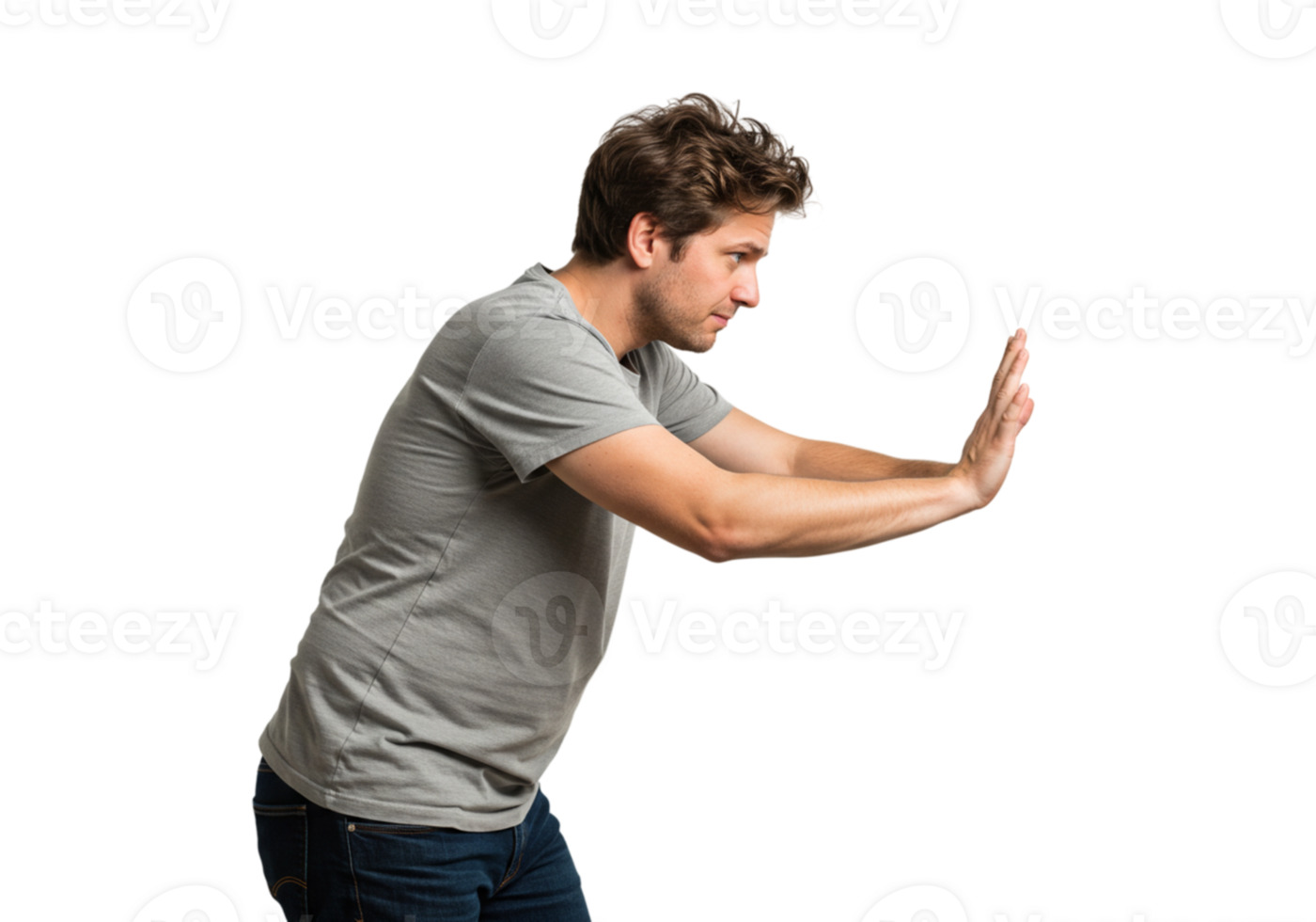 Man Pushing Invisible Object Studio Shot Grey Shirt body pose male young adult image power person png