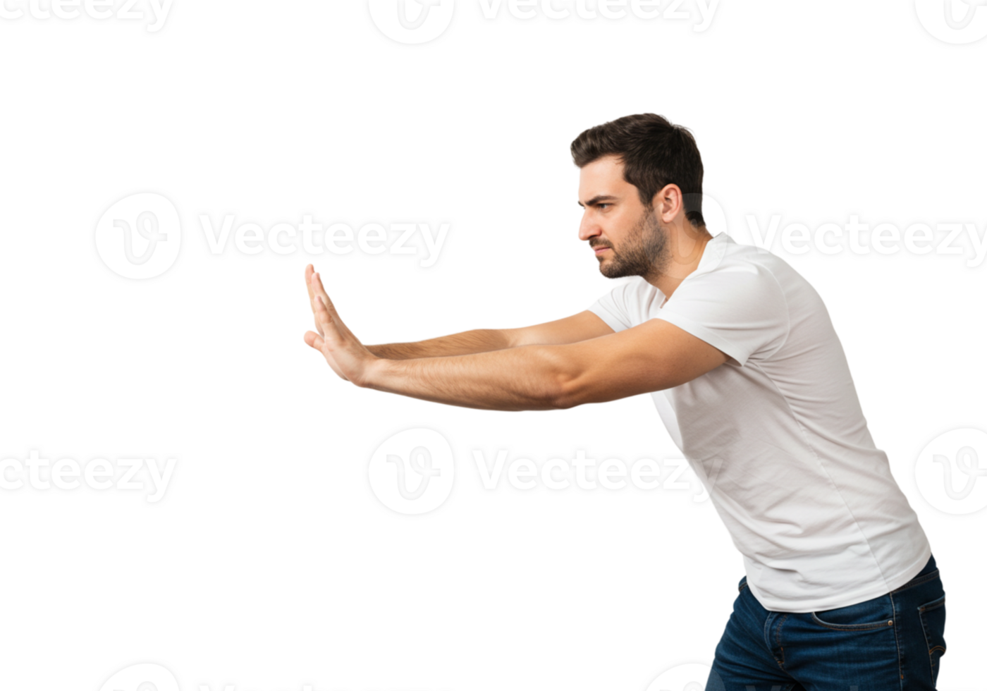 Man in White TShirt Pushing Invisible Object Studio Shot body pose male power black adult young png
