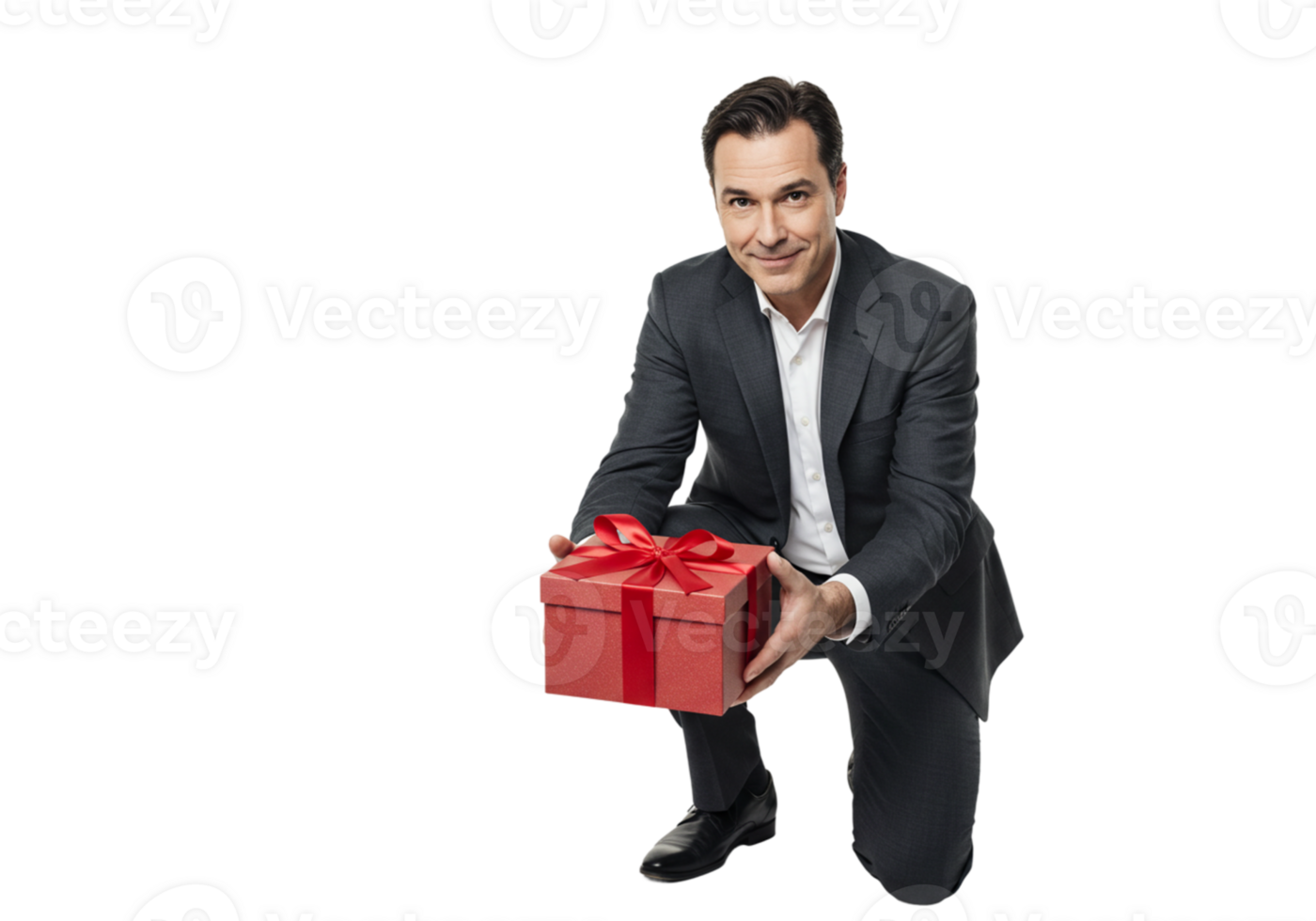 Businessman Offering Red Gift Box Elegant Present Surprise bow suit happy ribbon holiday success png