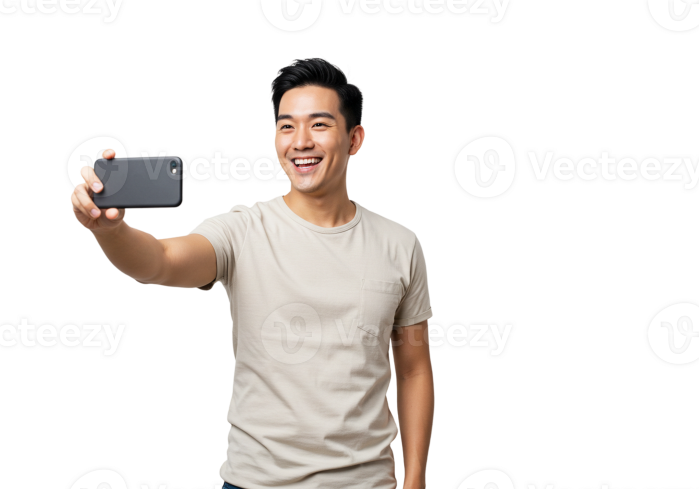 Happy Asian Man Taking Selfie Smartphone Photo Casual Beige TShirt male media young model black png
