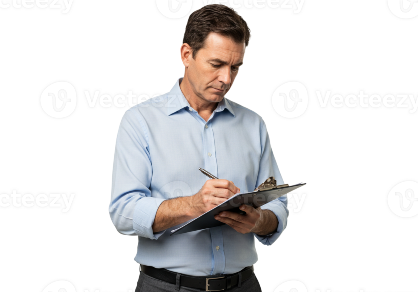 Focused Businessman Writing Notes on Clipboard Serious Professional Man Working Pen Task Male Paper png