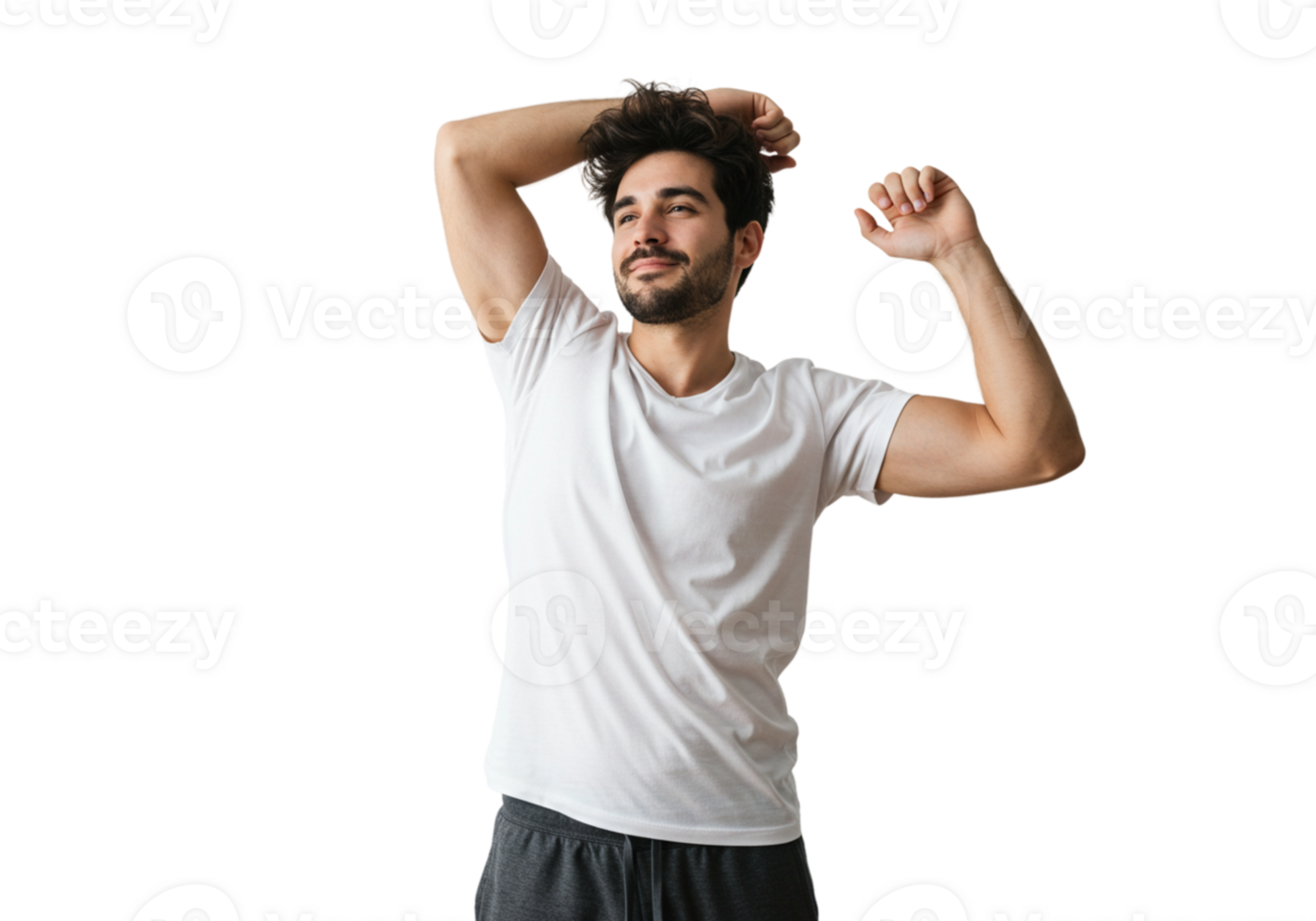 Happy Man Stretching in White TShirt Black Background male calm model young awake sleep casual png