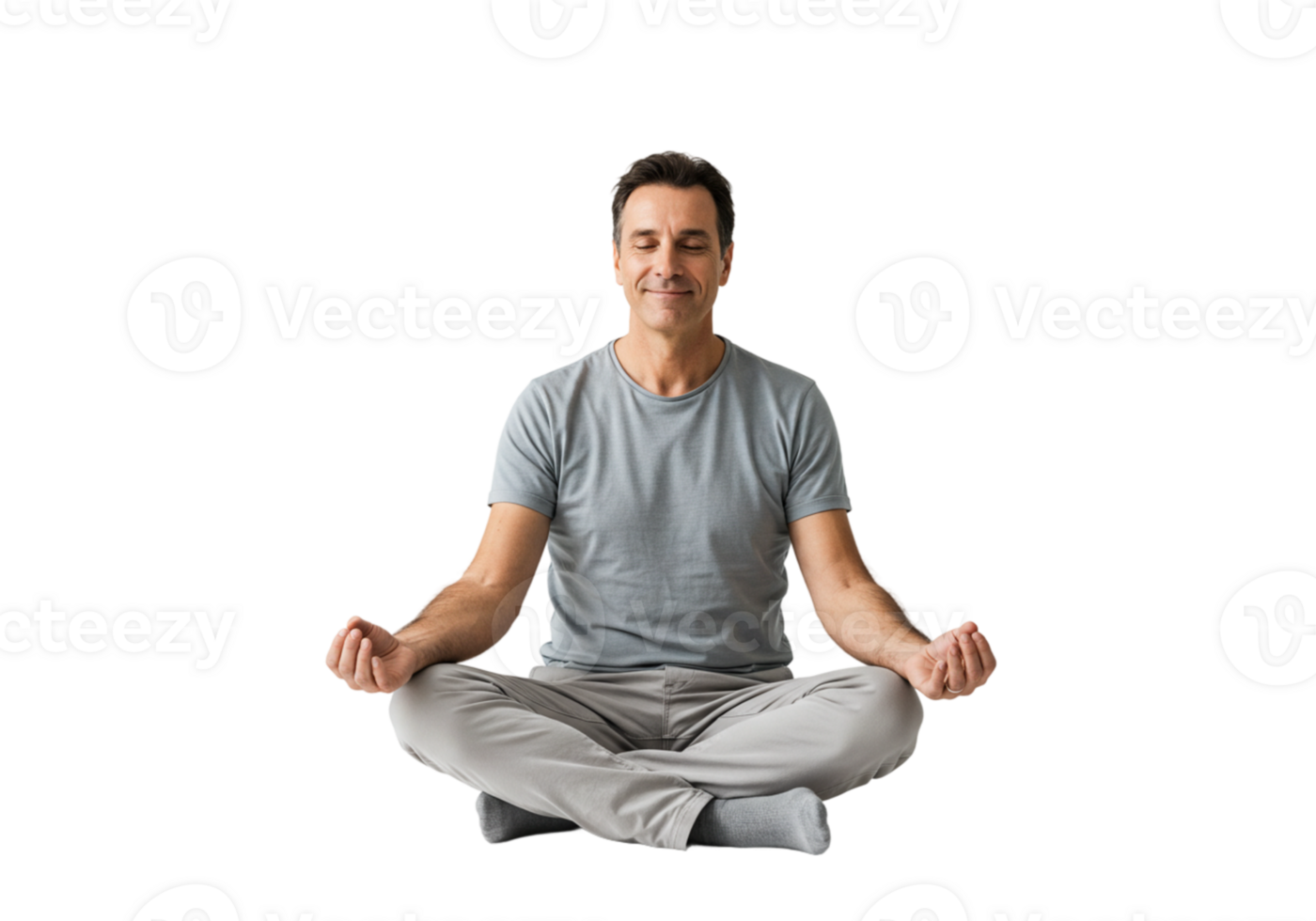 Serene Middle Aged Man Meditating Peaceful Yoga Pose Studio Shot Calm Grey Adult Focus Inner Health png