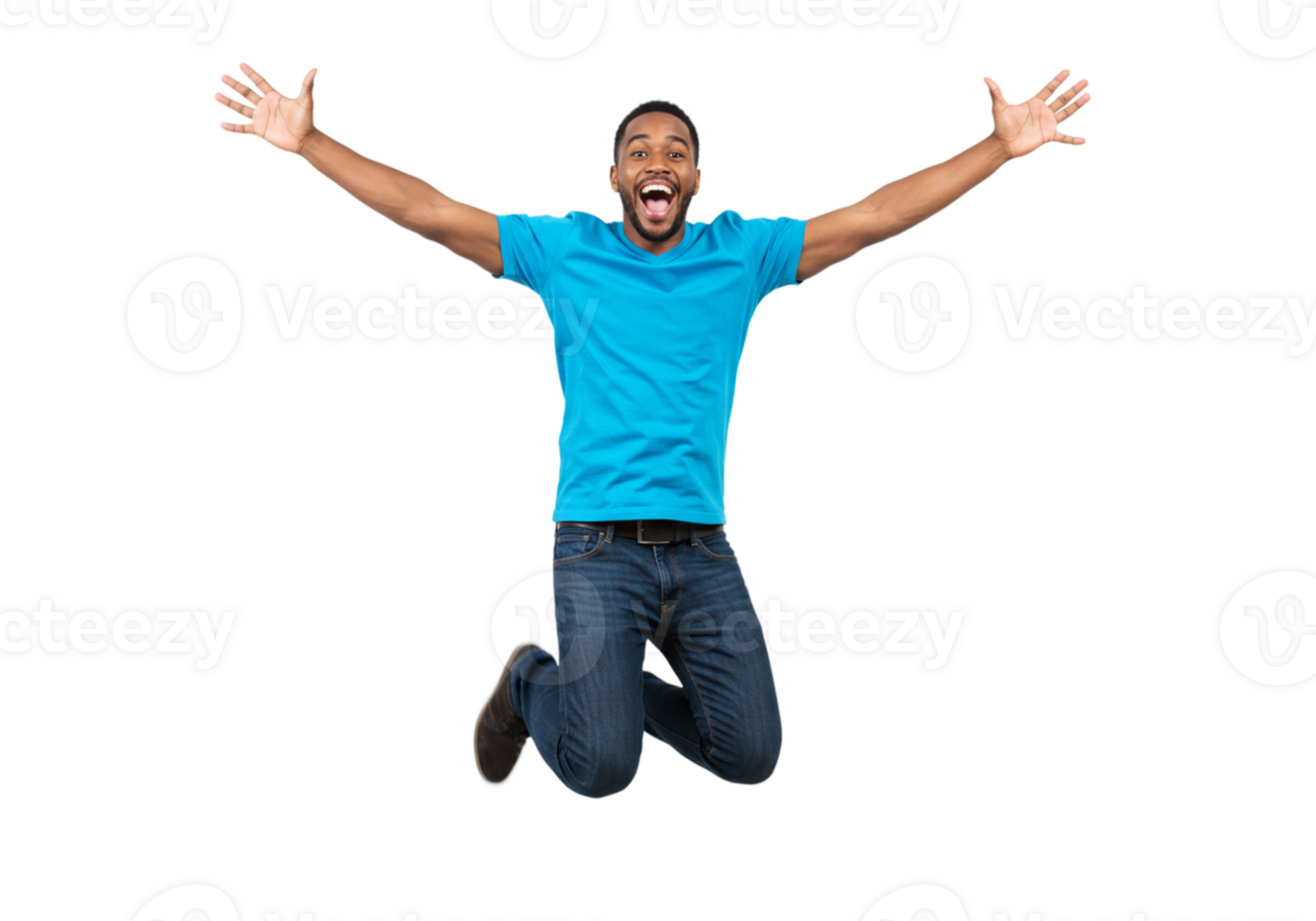 Excited Man Jumping Joyful Blue Shirt Happy Success fun male jeans black young energy motion active png