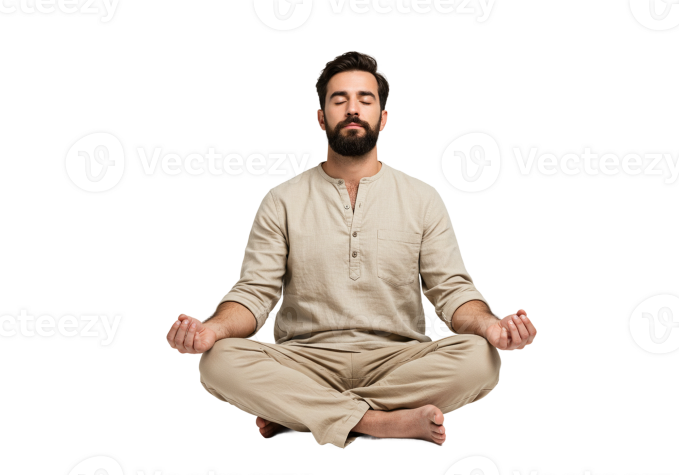 Peaceful Man Meditating in Beige Clothing Serene Yoga Pose Mindfulness Practice Tranquil Relaxation png