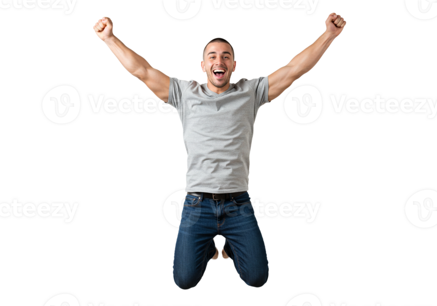 Happy Man Jumping Joyful Celebration Success Winning Excited Grey Male Black Shirt Jeans Young png