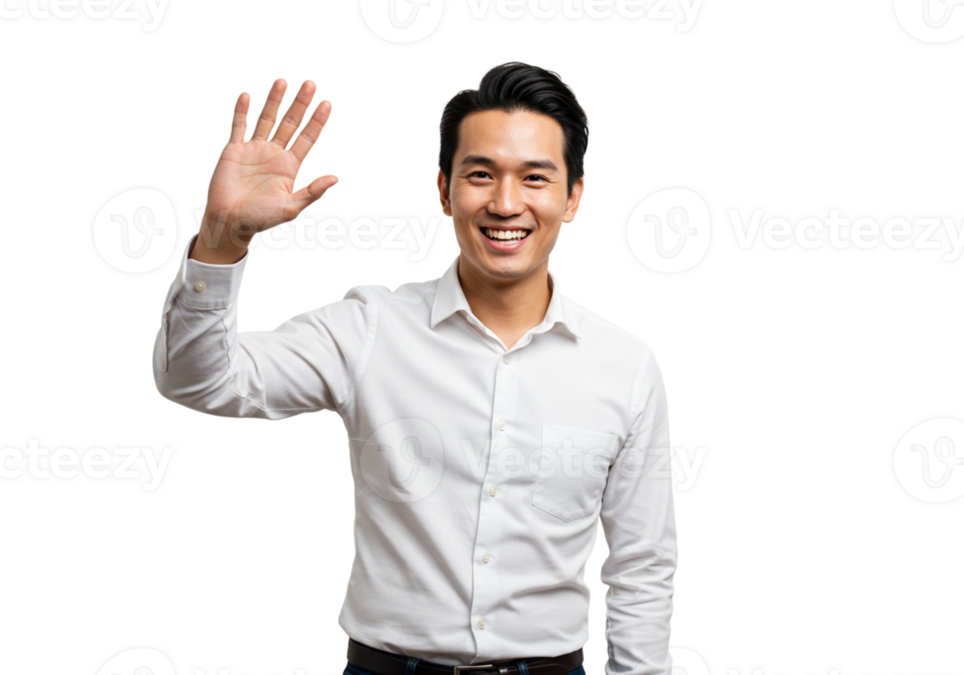 Smiling Asian Man Waving Hand Friendly Gesture White Shirt Background smile happy model black hello png