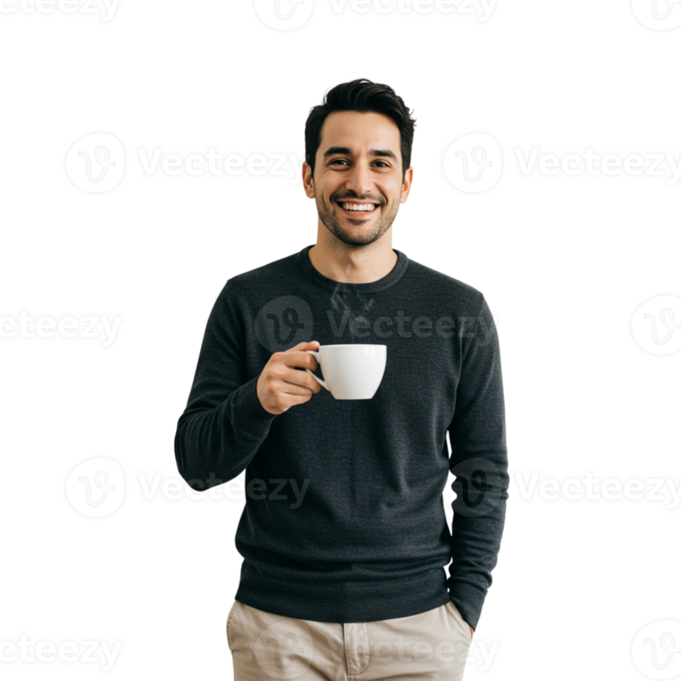 Smiling Man Enjoying Hot Coffee Break Casual Style Cup Warm Drink Happy Beige Pants Image Studio png