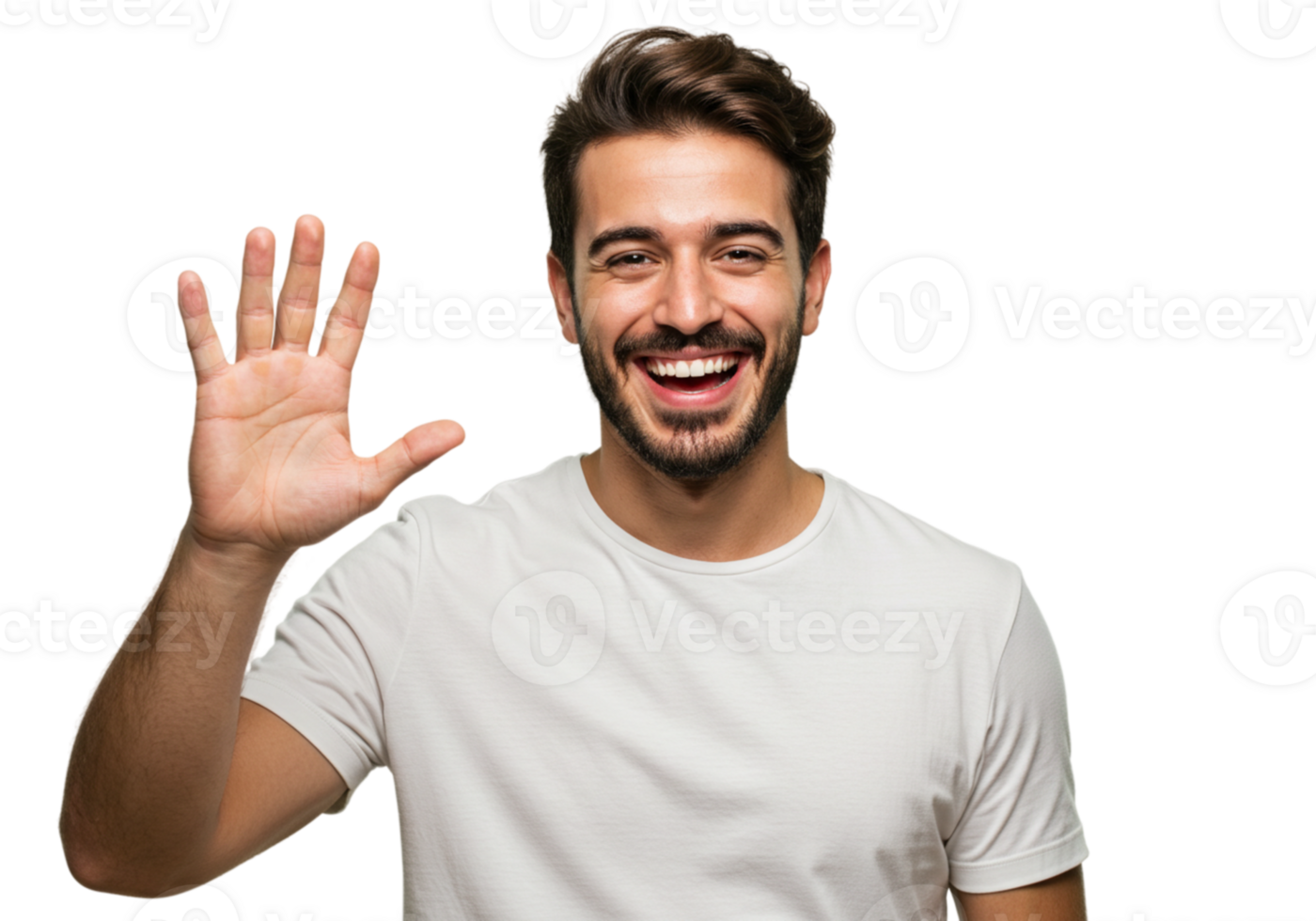 Happy Man Shows Five Fingers Smiling Gesture White TShirt Background Hand Male Model Adult Human png