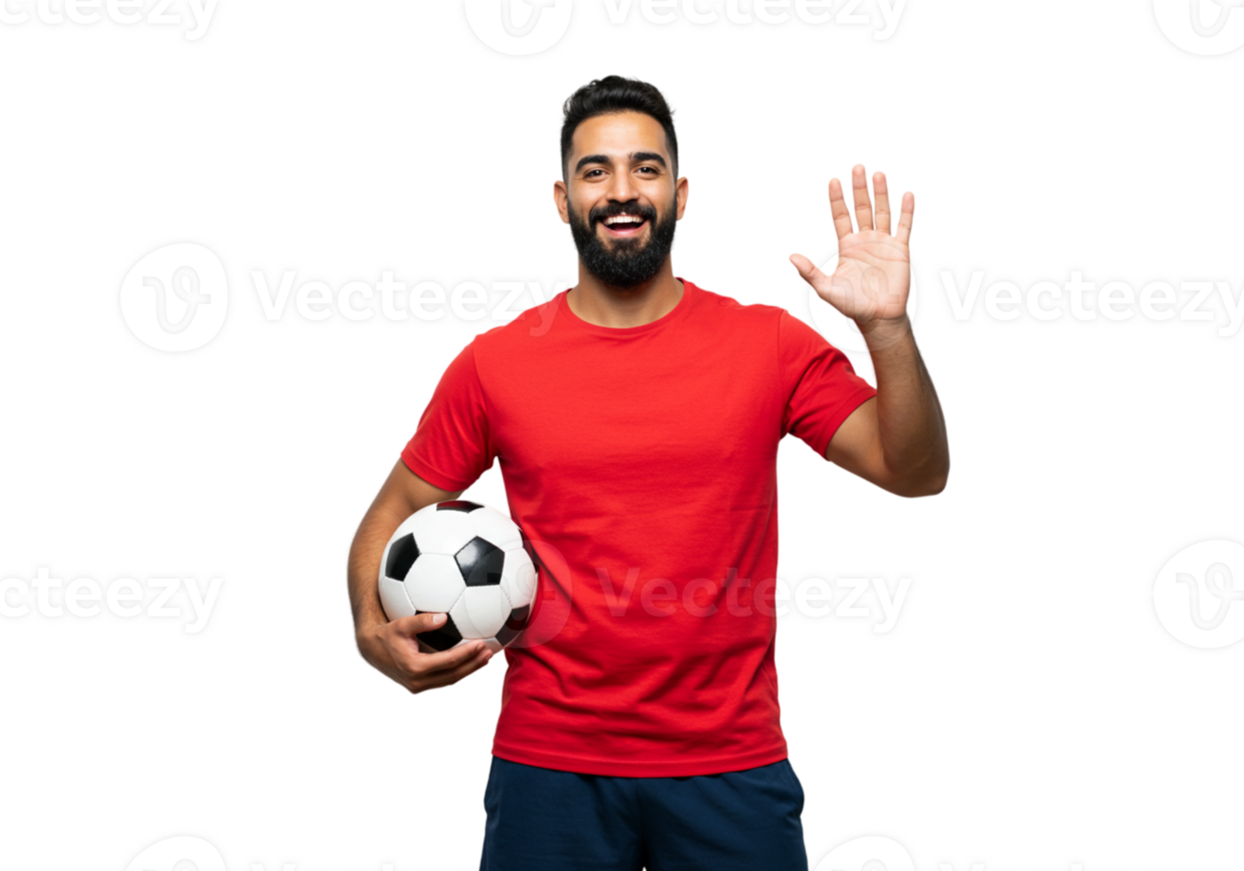 Happy Man in Red Shirt Holds Soccer Ball Waves fun game team smile sports player active energy png