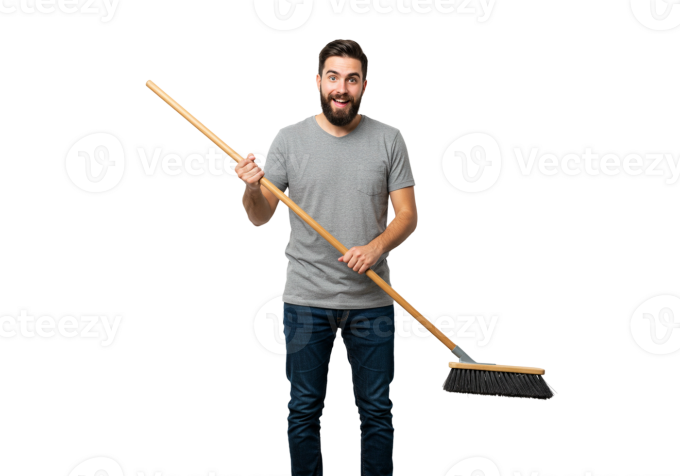 Man Holding Broom Cleaning Service Happy Excited Cleanup Home Neat Tidy Sweep Brush Worker Person png