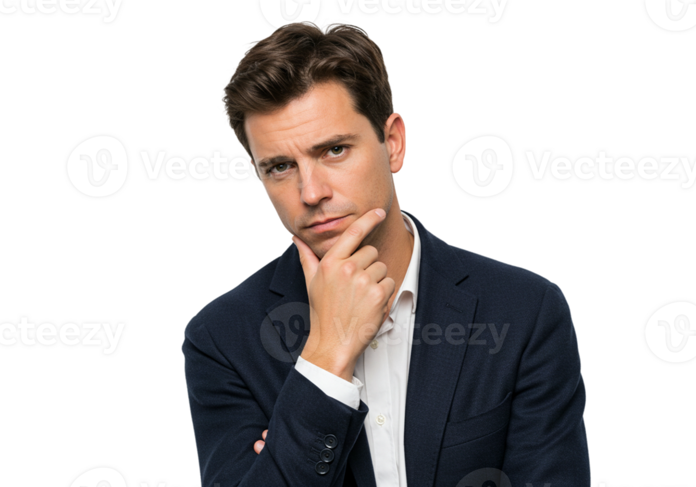 Serious Businessman Pensive Thoughtful Portrait Studio Black Background male suit face model image png