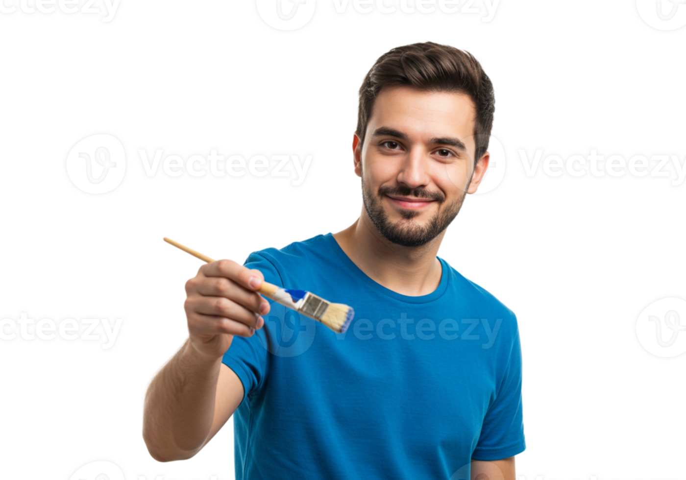 Smiling Man Holding Paintbrush Blue Shirt Studio Shot Art Male Happy Model Image Happy Color Artist png