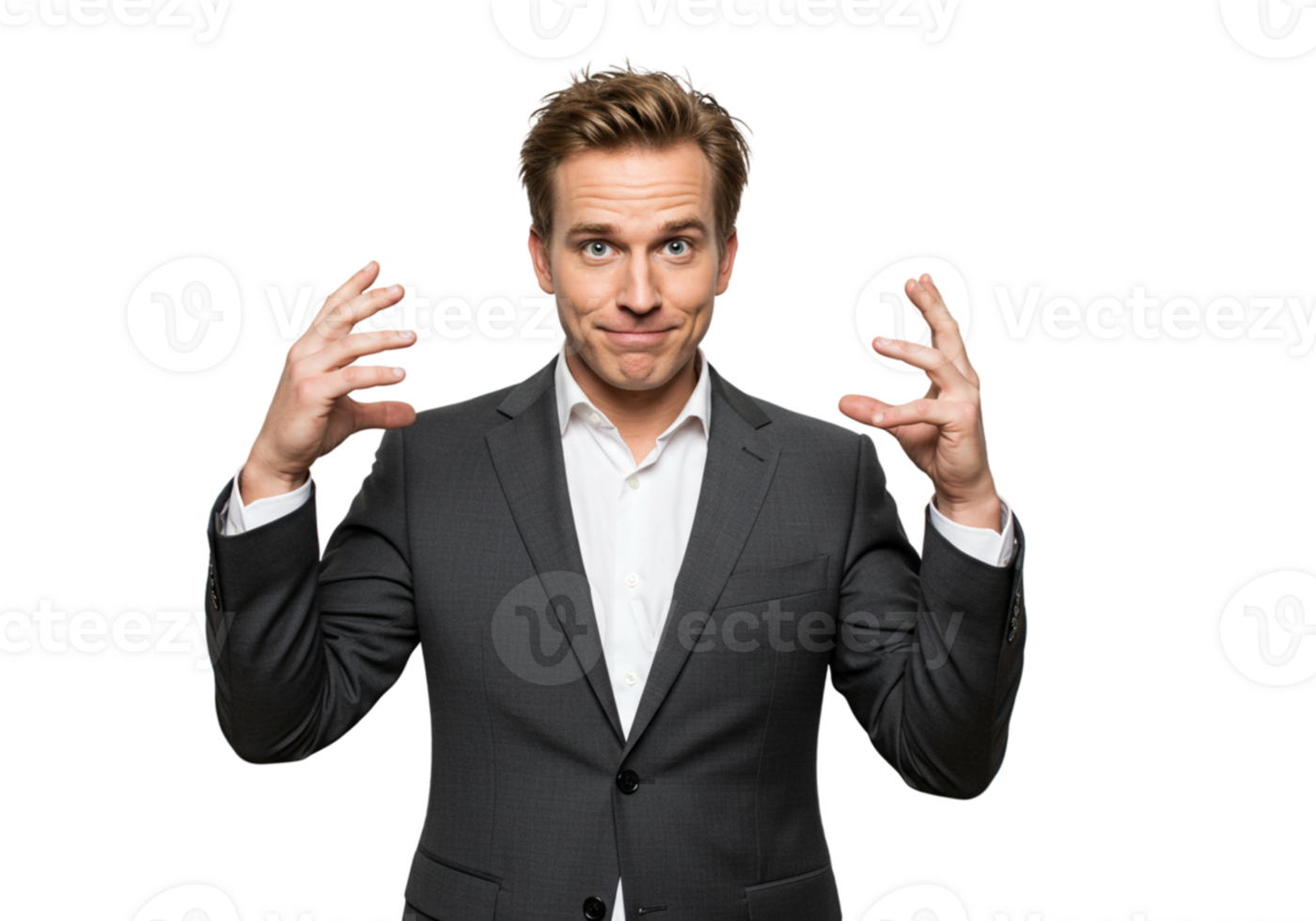 Confused Businessman Gesturing Hands Up Close Studio Shot suit grey doubt serious problem concept png