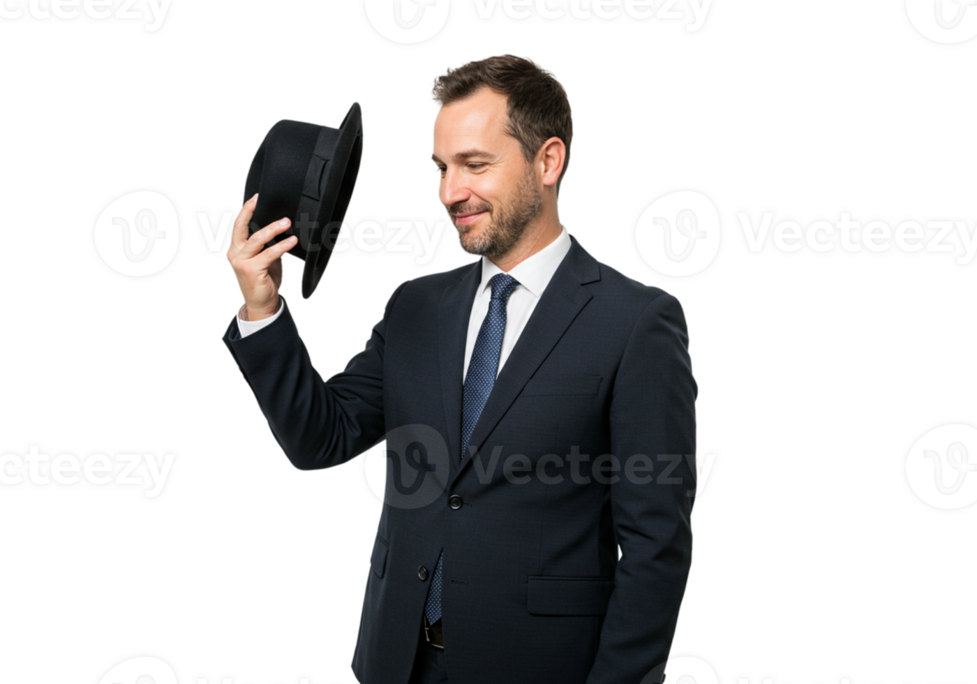 Smiling Businessman in Suit Holding Black Hat Elegant Professional Portrait dark style model image png