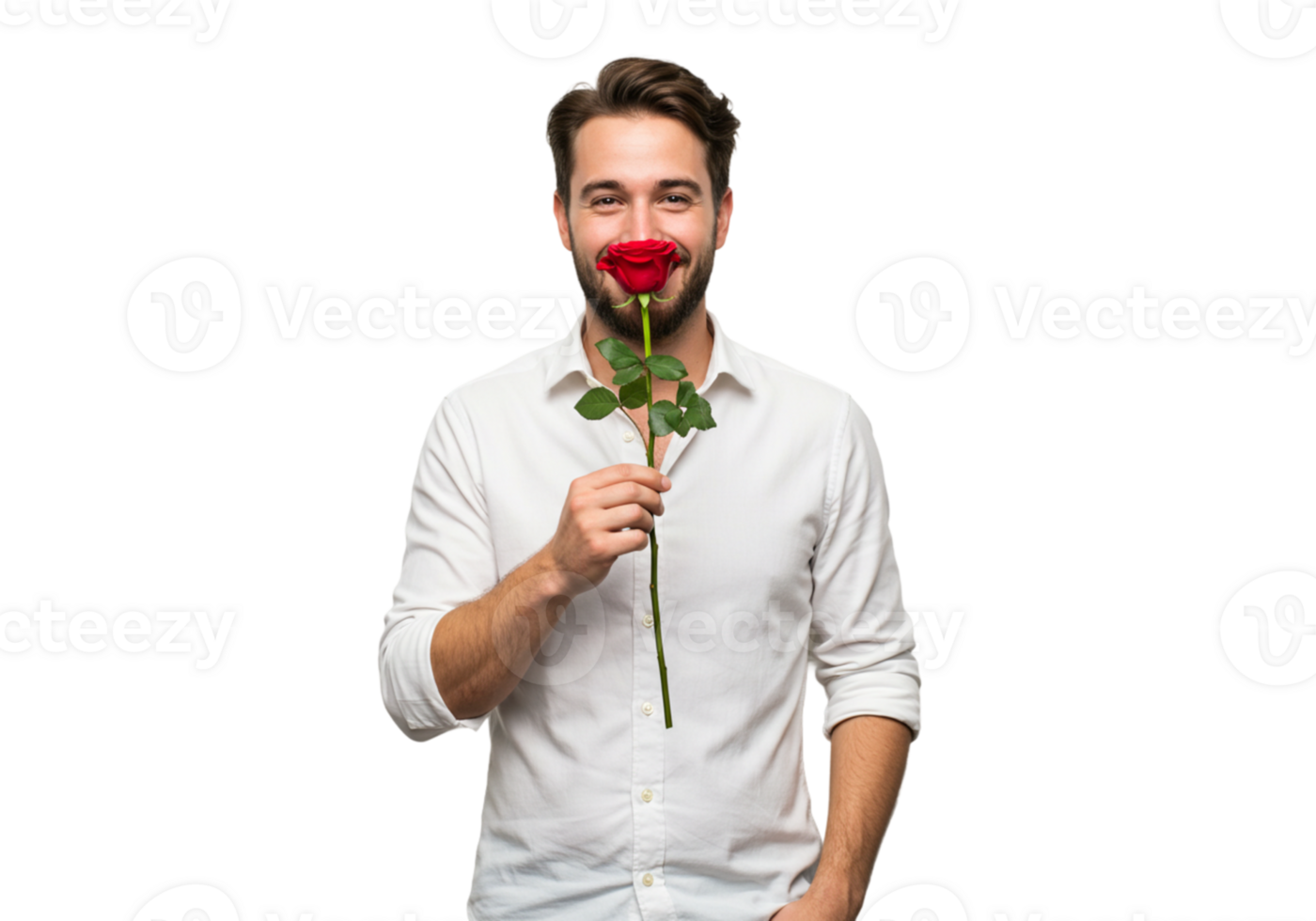 Happy Man Holding a Single Red Rose Close to Face Love Black White Shirt Flower Dating Studio Beauty png