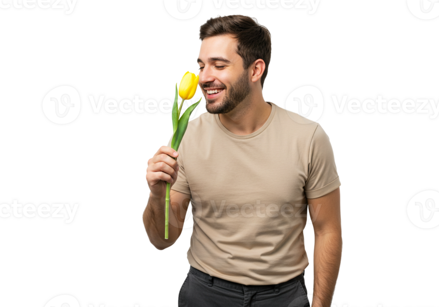 Happy Man Smelling Yellow Tulip Flower Spring Romance Joy Love Fresh Black Nature Floral Beauty png