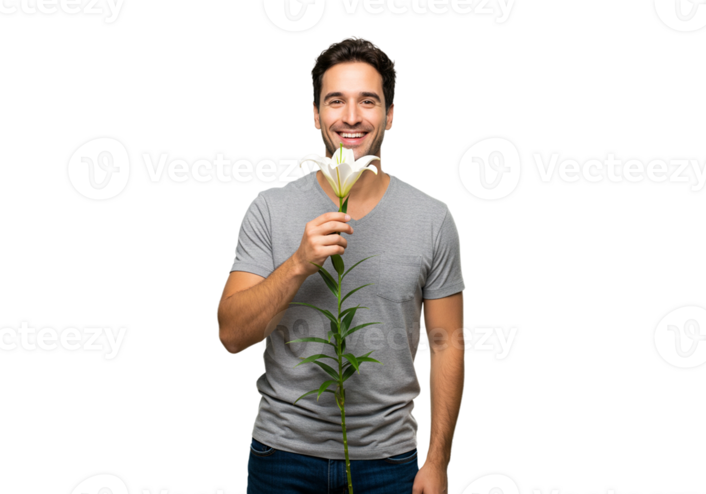 Happy Man Holding a Beautiful White Lily Flower Isolated on Black Background Love Plant Fresh Studio png