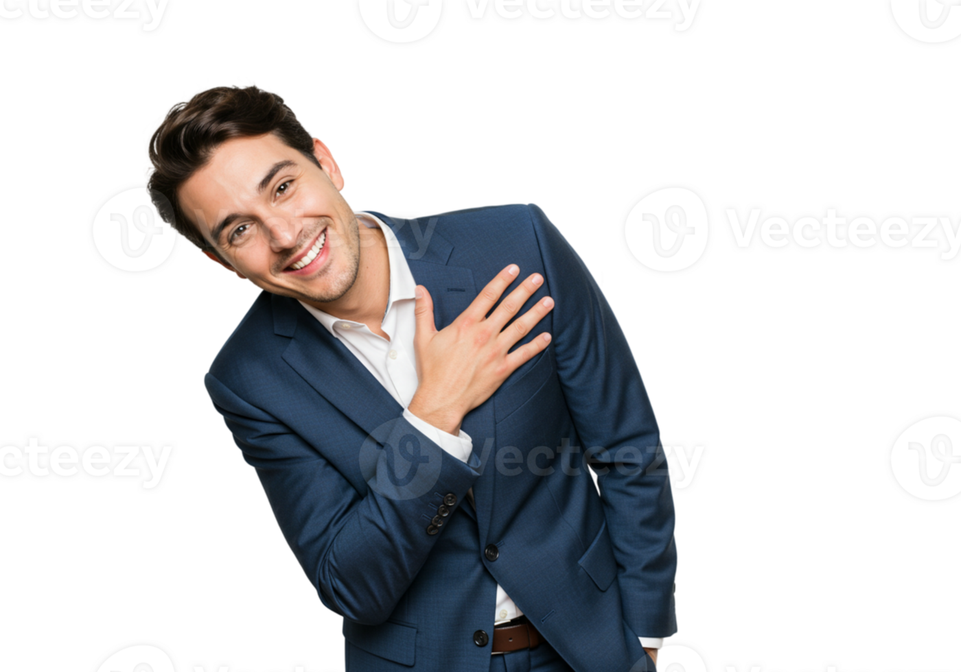 Happy Businessman Smiling Confidently Hand on Chest Portrait suit model black image studio person png
