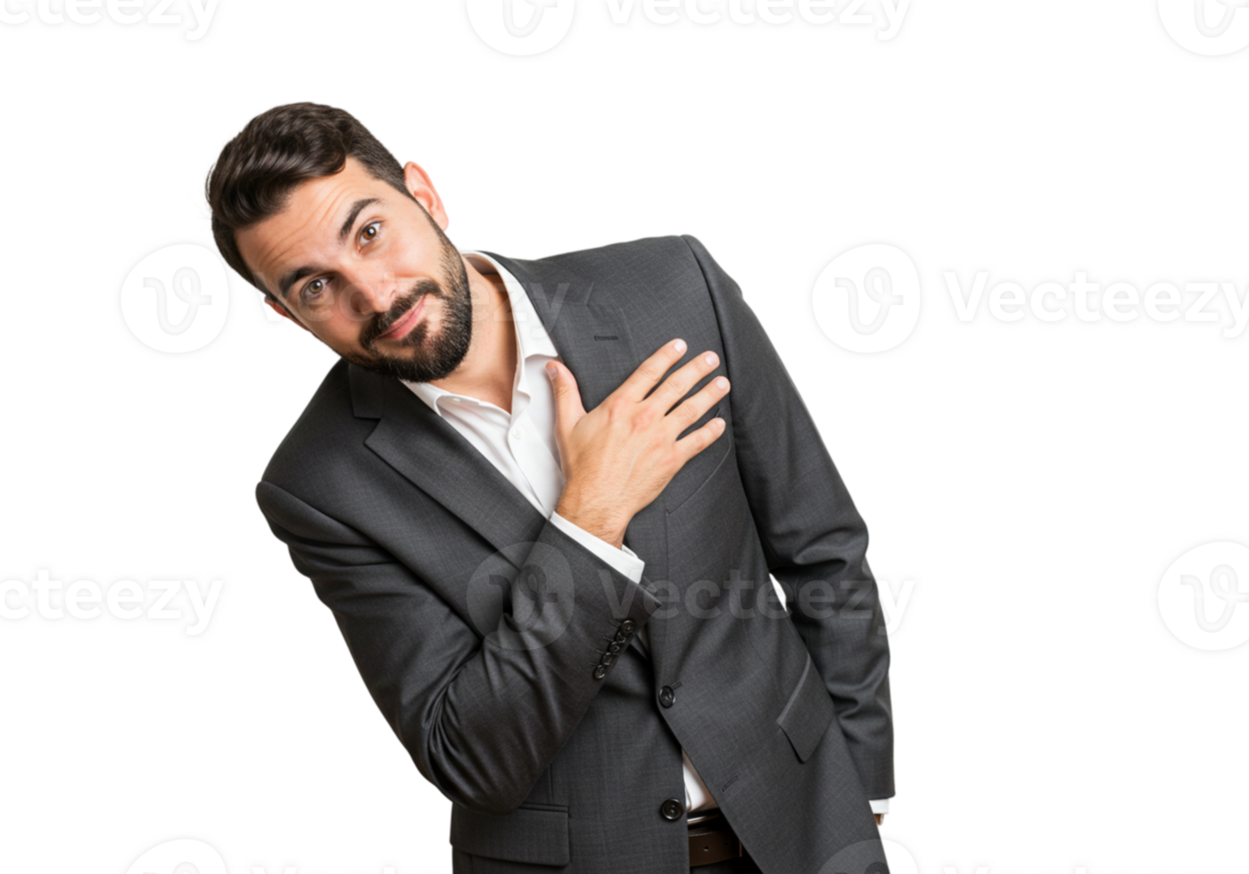 Honest Businessman Hand on Heart Showing Sincerity Trust suit dark gray pledge studio gesture png