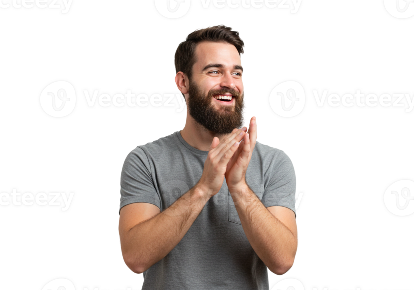 Happy Man Clapping Hands Joyful Expression Grey Shirt Studio Glad Beard People Person Smiling png