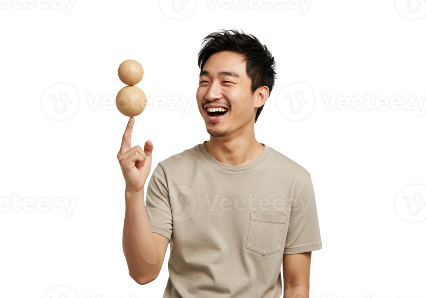 Happy Man Juggling Wooden Balls Skillful Relaxed Beige TShirt fun black joyful studio person smiling png