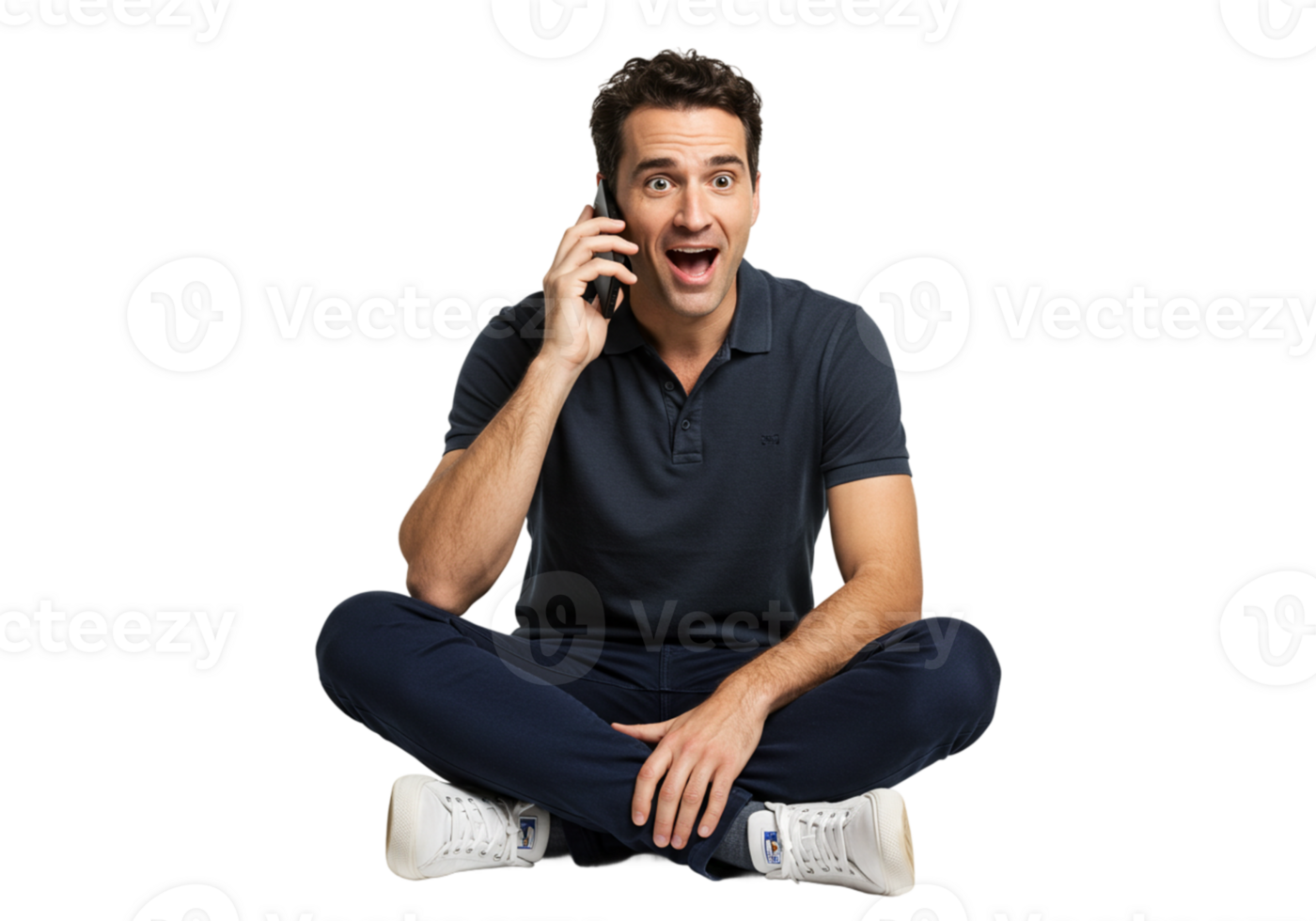 Surprised Man Sitting Cross Legged on Phone Call Happy News Shot Male Adult Image Black Mobile png