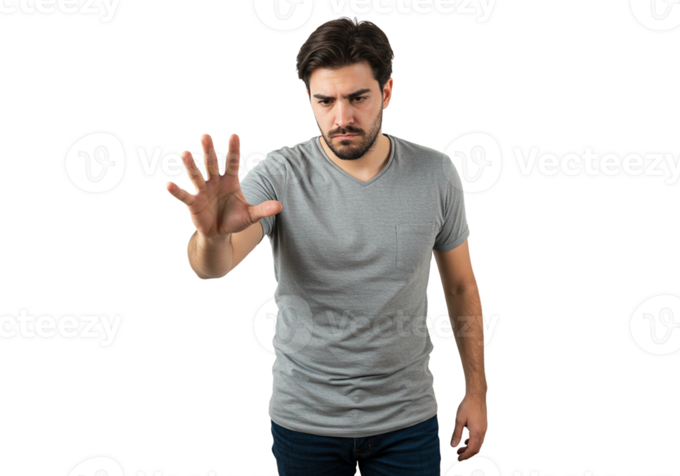 Serious Man Gesturing Stop Hand Grey TShirt Dark Background Studio Halt Male Cease Adult Model Image png
