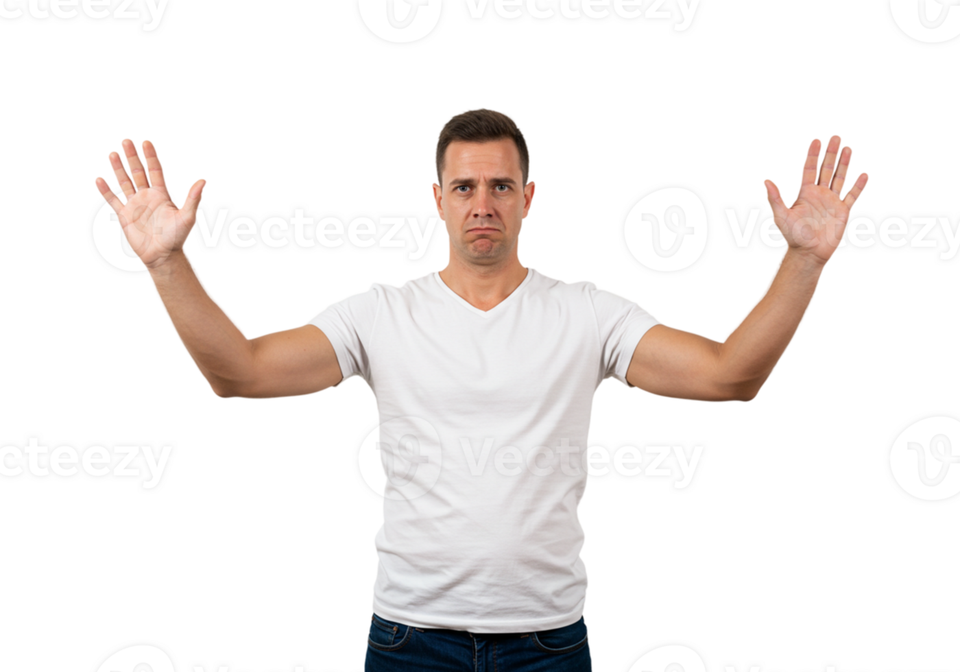 Man in White TShirt Showing Stop Gesture Arms Out Displeased Expression Studio Shot Body Male Hands png