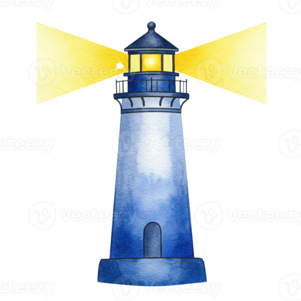 Blue Watercolor Lighthouse Shining Bright Beacon Night Sea Ocean Hope Shine Tower Image Design png