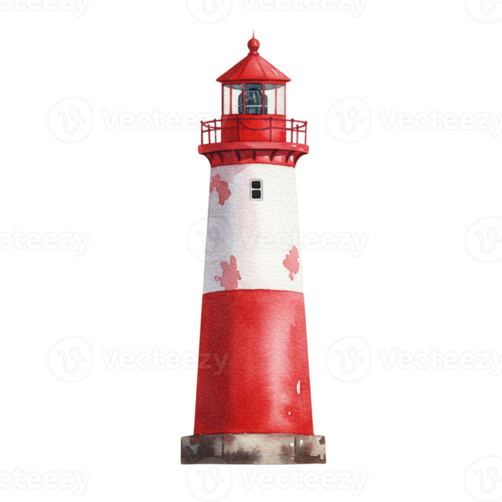 Red and White Lighthouse Watercolor Painting Nautical Coastal Sea Ocean art tower image guide beacon png