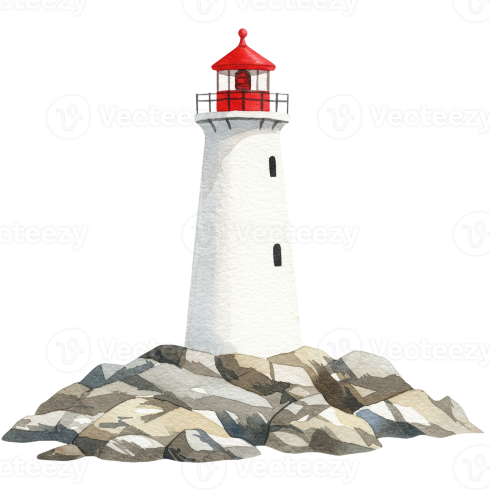 Coastal Lighthouse Watercolor Painting on Rocks Ocean View sea red gray tower white stone guide png